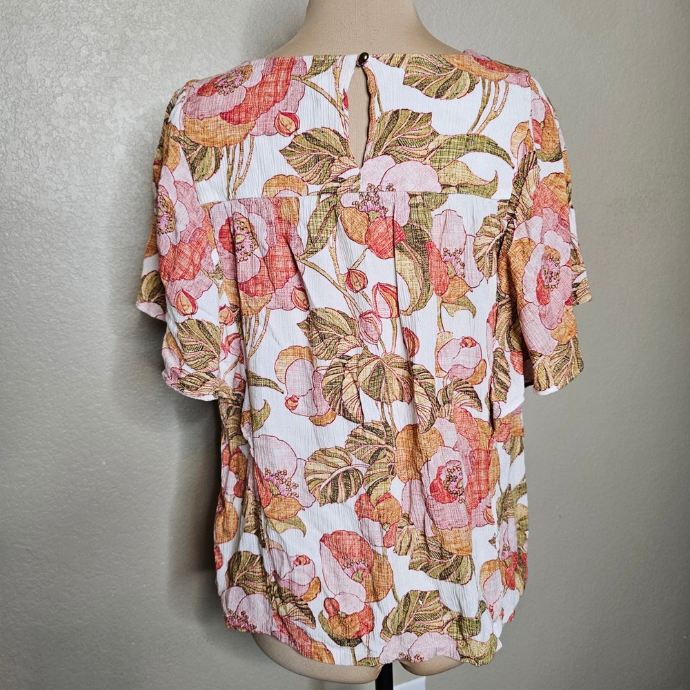 Garnet Hill Womens Floral Viscose Blouse Orange Pink Flutter Sleeve Top Large - Picture 4 of 8